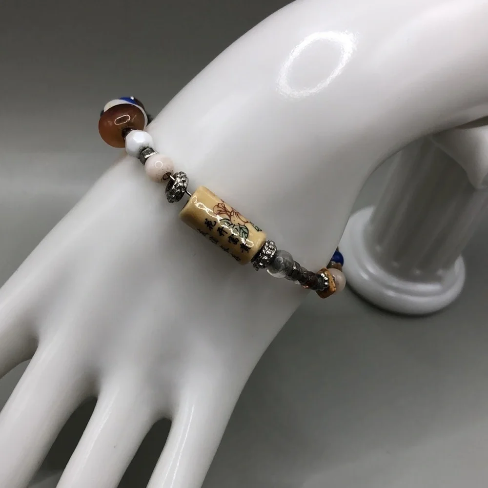 ARTISAN handmade Asian ceramic beads memory coil bracelet boho layering